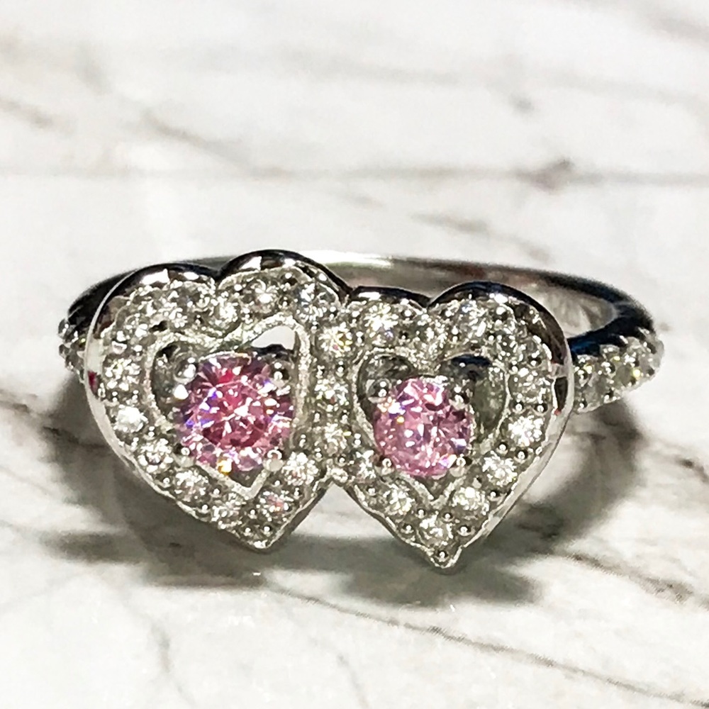 Sterling Silver Double Pink Hearts Ring